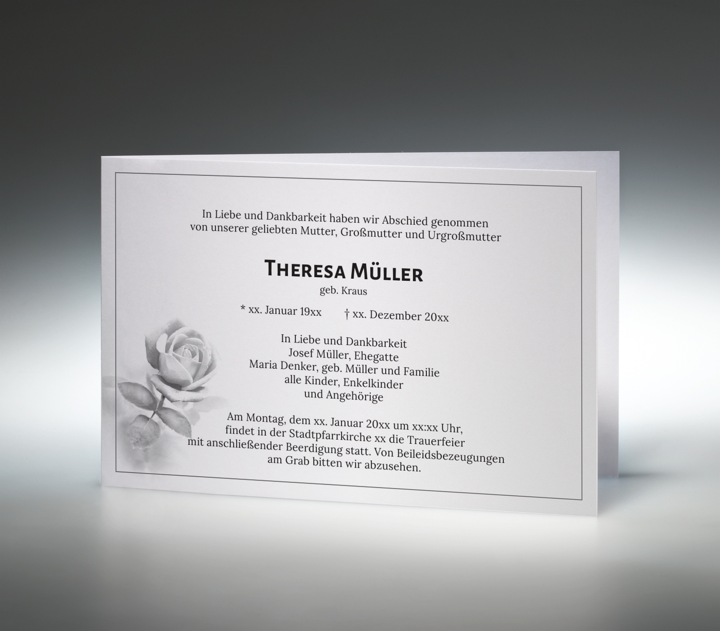 Trauerkarte Rose - Quer-Doppelkarte Memento Trauerkarten